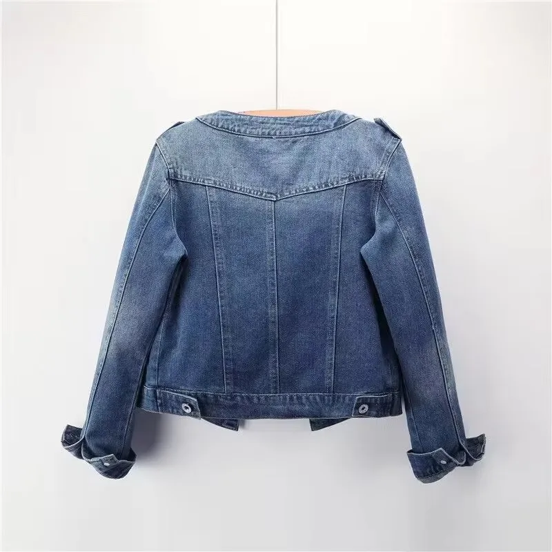 2025 Nowa jesienna damska kurtka dżinsowa z długim rękawem Casual Jeans Jacket Bomber Vintage Okrągły dekolt Krótka kurtka Odzież wierzchnia Kobiece topy