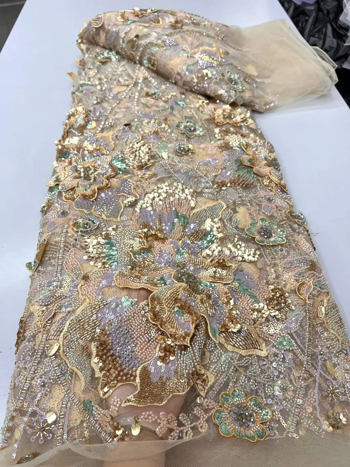 2026 African Heavy Beaded Lace Fabric Nigerian Embroidered Sequins Groom Wedding Party Dress Sewing High Quality 5 Yards