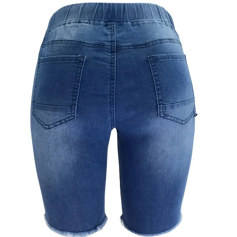 Shorts.Washed Ripped 중간 길이 워시 청바지, 봄과 여름 여성용 새로운 패셔너블한 신축성 있는 허리 드로스트링 짧은 청바지