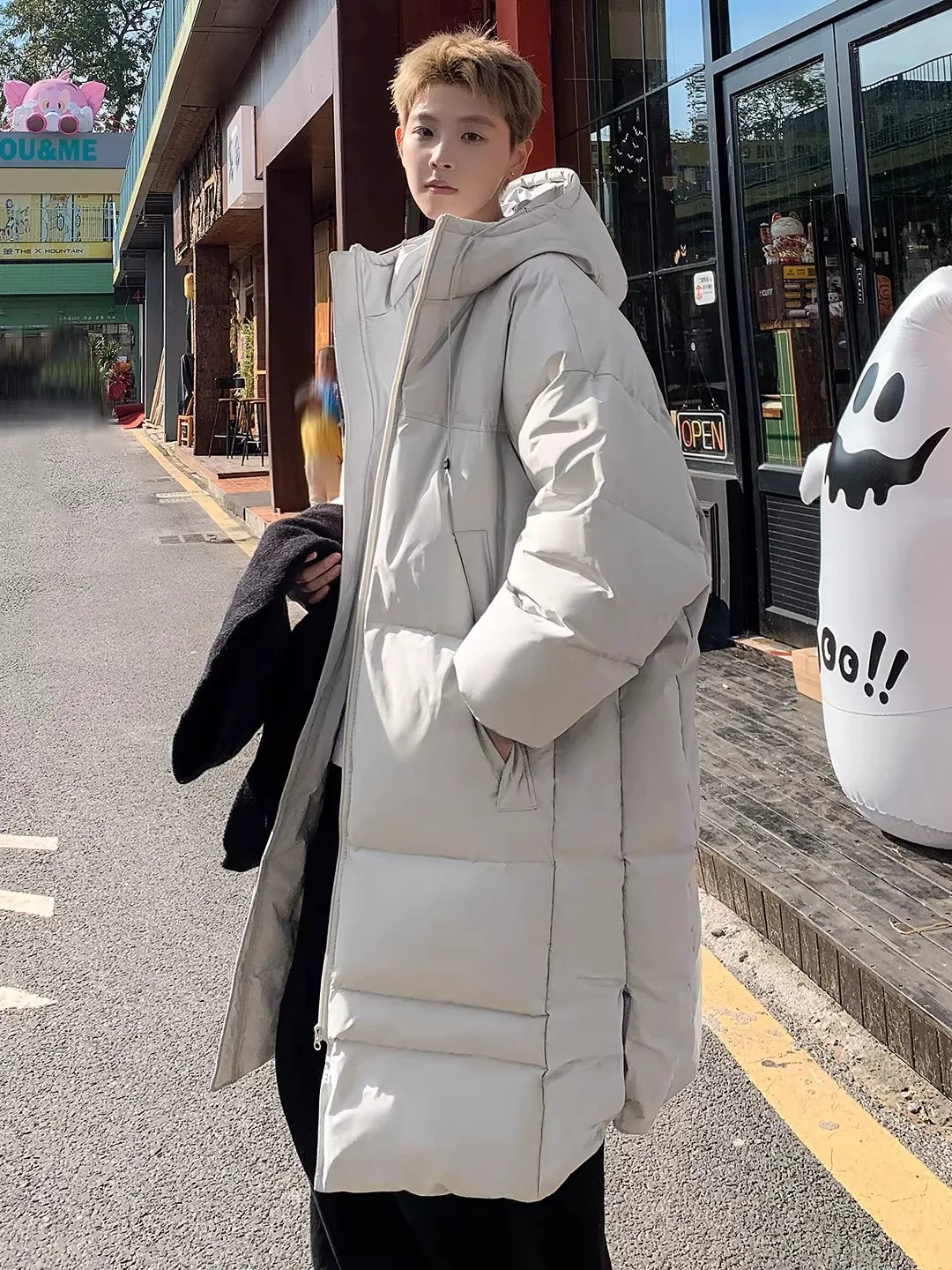 

Мужская удлиненная пуховая куртка оверсайз с капюшоном до колен, модная, теплая, свободного кроя, зимняя одежда больших размеров