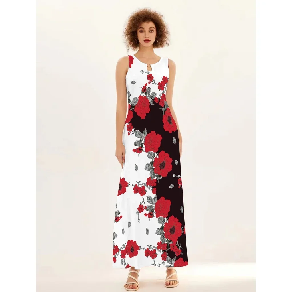 Floral print sleeveless skirt women\'s V-neck dress pocket skirt