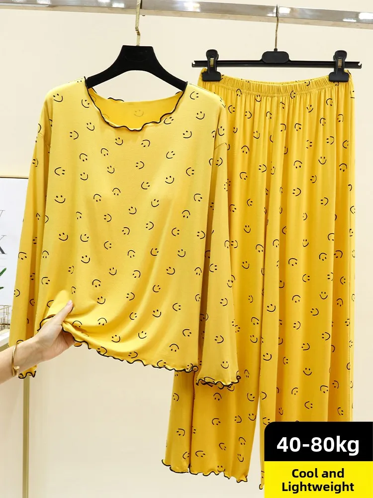 Modal Cotton Sleepwear Set with Chest Fly  Thin Long Sleeve T-Shirt Long Pants Smiling Face Home Clothes Two-Piece Set