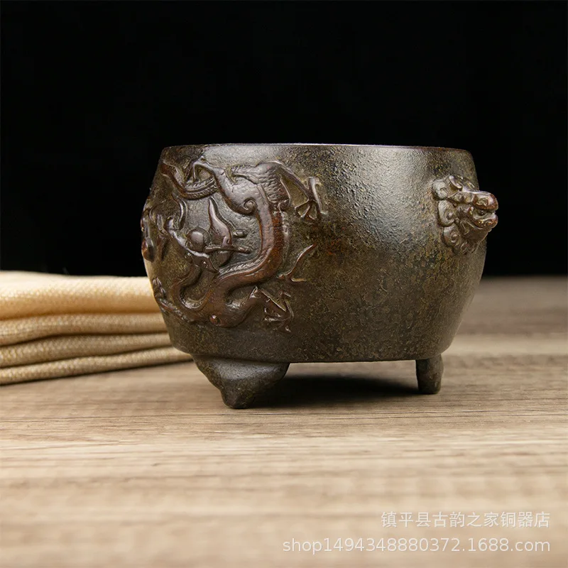 Pure Antique Vintage Dragon Pattern Double Lion Ear Incense Xuande Burner Furnace Copper Cylinder Living Ro