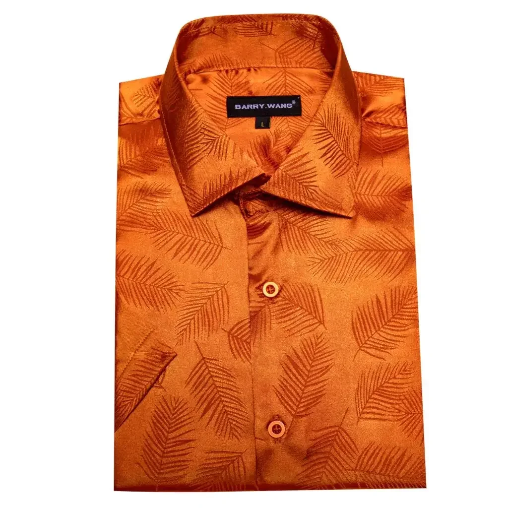 Luxury Summer Shirts for Men Short Sleeve Cool Silk Satin Orange Leaves Slim Fit Male Tops Casual Breathable Barry Wang