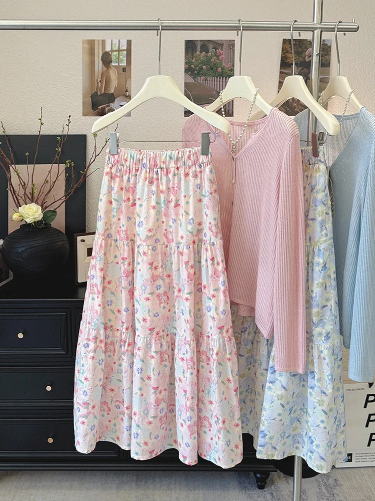 Vintage hoge taille bloemenrokken voor vrouwen 2025, zomer nieuwe zachte stijl A-lijn rok dames casual lange rok