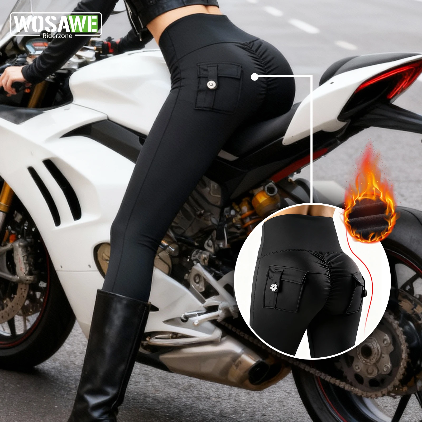 

WOSAWE Women Winter Motorcycle Pants Thermal Fleece Anti-fall High Waist Warm Up Moto Riding Pants with CE Knee Protective Gear
