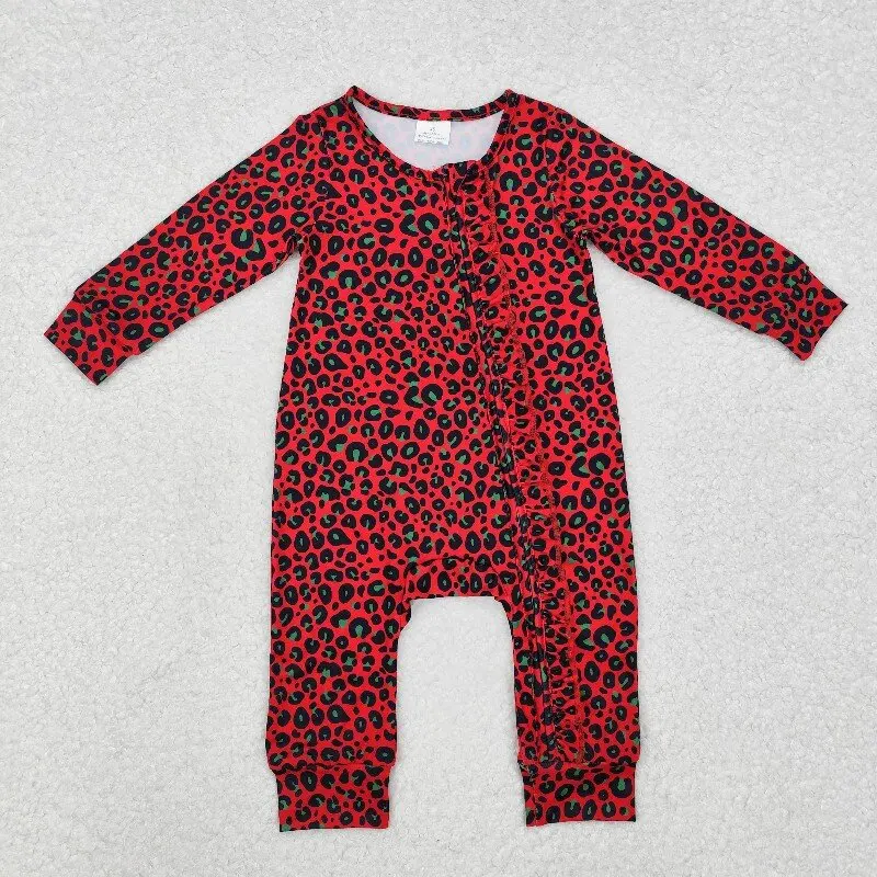 

8.15y Christmas Baby Girls Romper Black Green Leopard Print Winter Sleeve Onesie with Red Zipper Wholesale Boutique