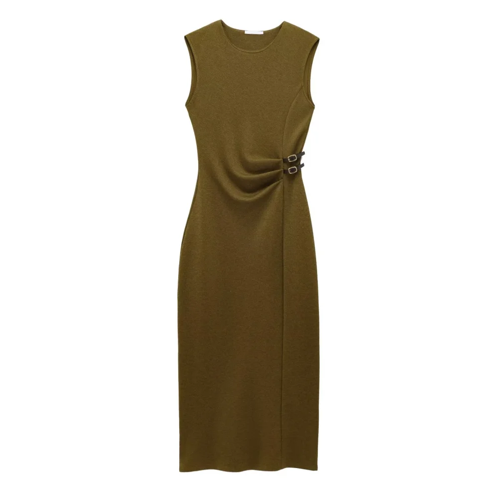 

2025 BM MD ZA Women's Sleeveless Olive Green Midi Dress with Buckle Detail and Ruched Design Elegant and Modern Attire
