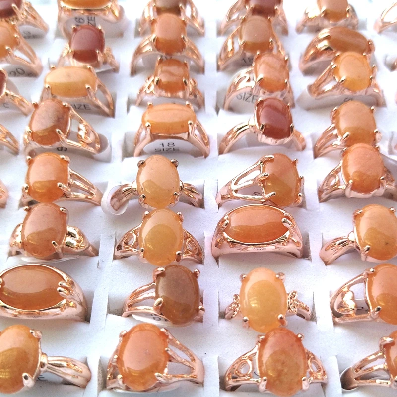 Mixed Lot Rose Gold Plated Yellow Semi Precious Natural Stone Rings 50pcs/lot For Women