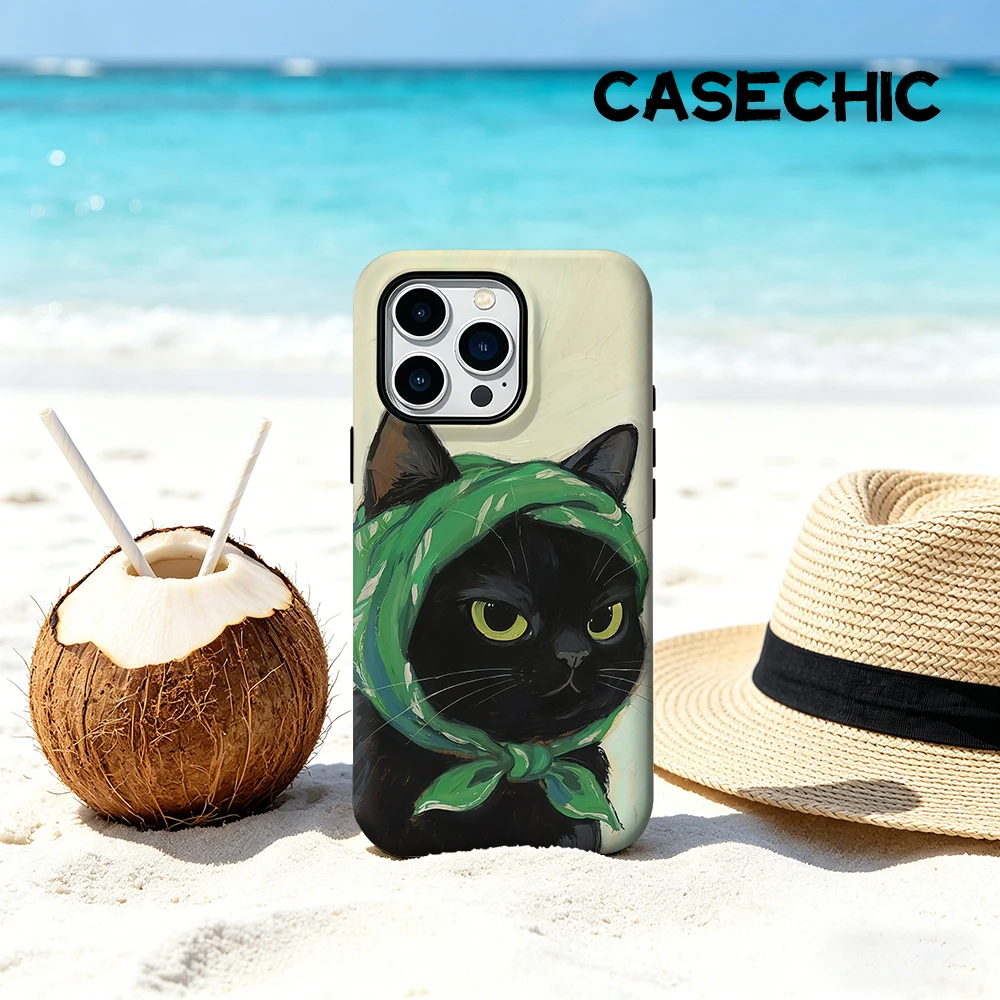 CaseChic case Matte Bumper For Magsafe Case For iPhone 17 16 15 Plus Pro Max Shockproof Hard Chic Black Cat with Green Headscarf
