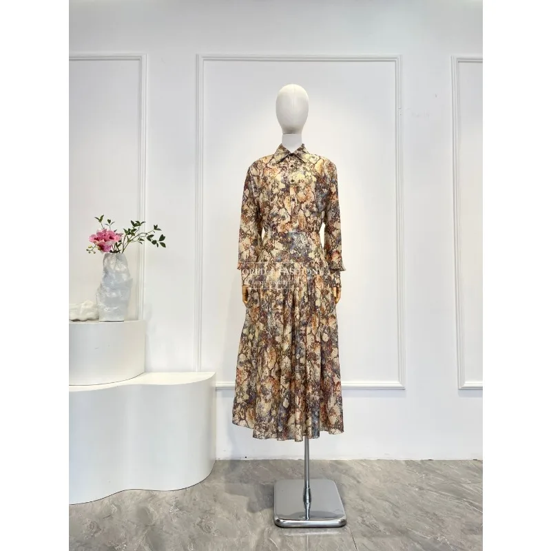 and Pants Set 2025 Top Quality Yellow Floral Print Long Sleeve Blouse Tops and Pleat Midi Skirt