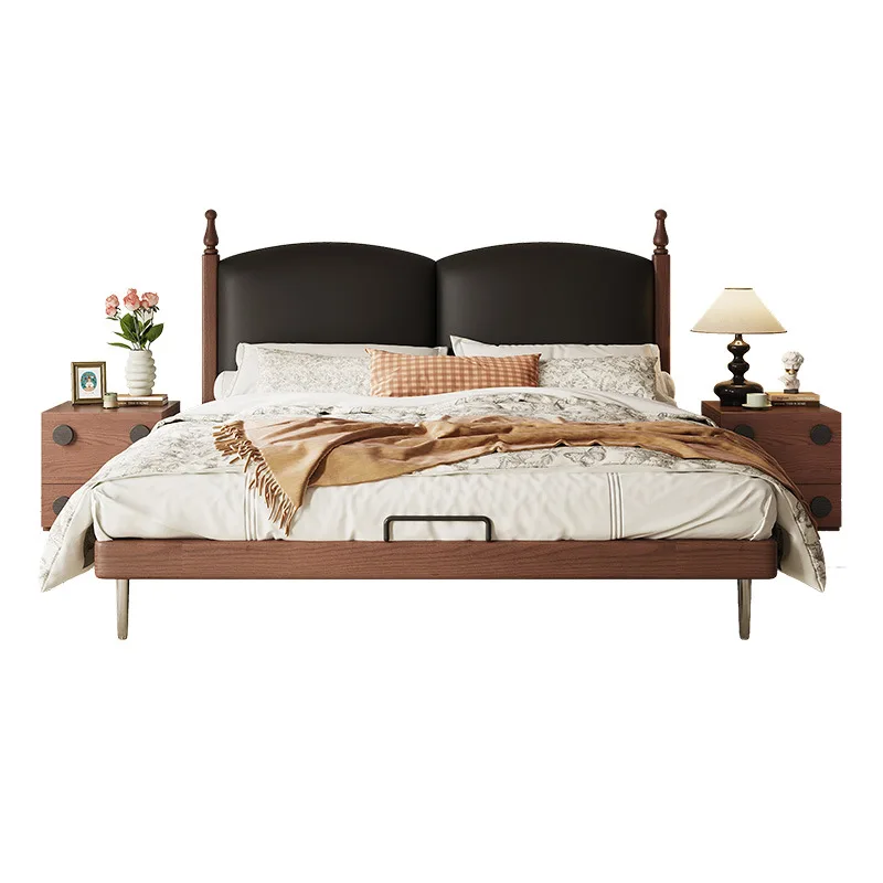 

French, retro, solid wood bed, ash wood, small apartment, flush edge, black, genuine leather, soft bag.