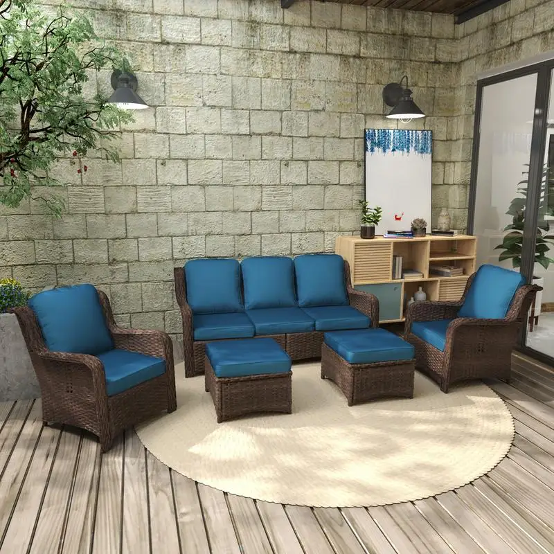 Rattan Outdoor Sectional Furniture Set – 3-Seat Couch, 2 Chairs, and 2 Ottomans for Lawn, Balcony, Garden, and Backyard –