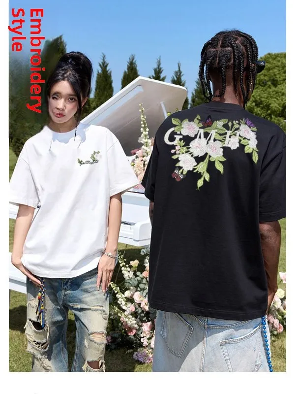 Five-Quarter ort-Sve T-irt Men's Embroidered Casual Loose Couple Sle Top Summer Trendy American New f Sve