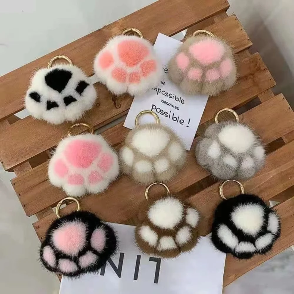 Cat Paw Pendant Keychain Fluffy Kawaii Faux Fur Keychain Kid Gift Charm Plush Toy Key Ring Backpack Car Key Pendant
