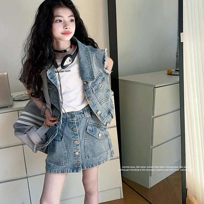 Fashion Child Denim Sets for Girls Y2K Harajuku Design mini Denim Skirt And Vest Two-Piece Set 2025 Summer Kids Luxury Clothing