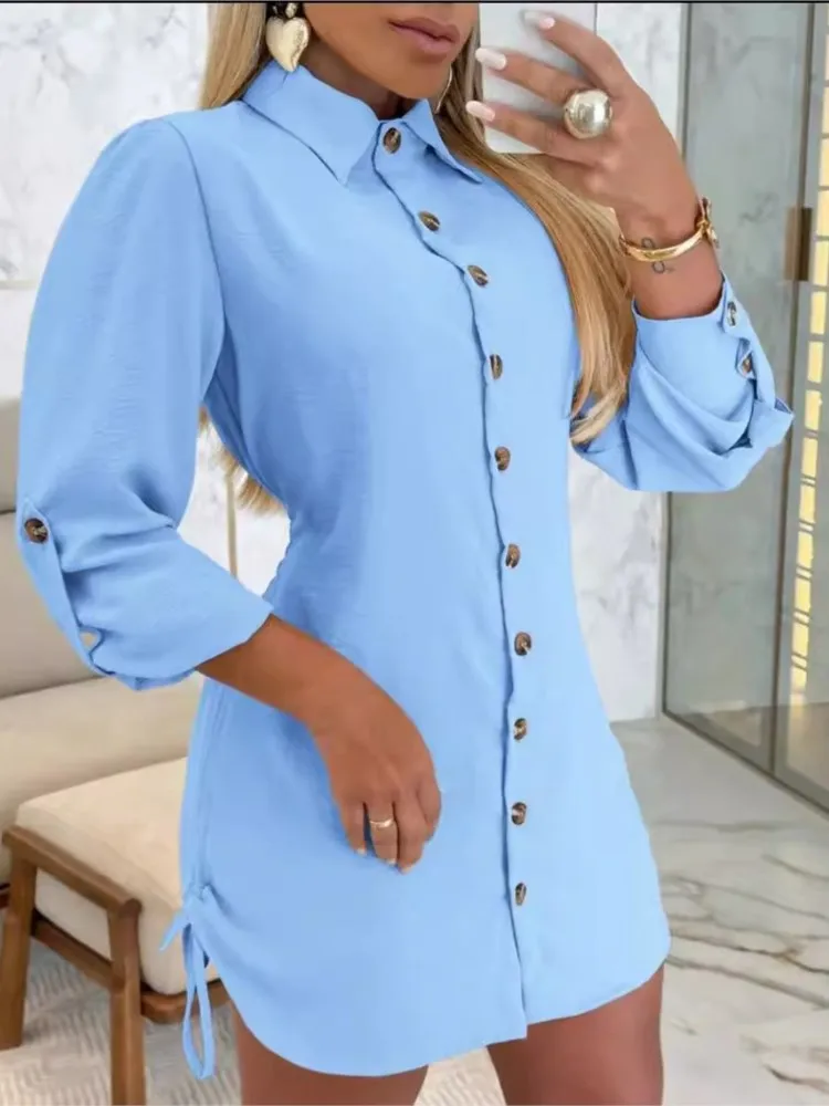 

Fashion Long-sleeved Simple Solid Color Drawstring On Both Sides Comfortable Casual Dress Elegant Style Lapel Button Dress Women