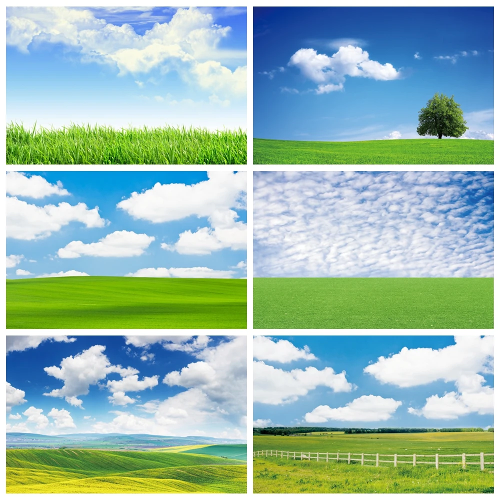 Green Grass Blue Sky Cloudy Photography Backdrop Spring Natural Landscape Baby Portrait Photographic Background Photo Studio