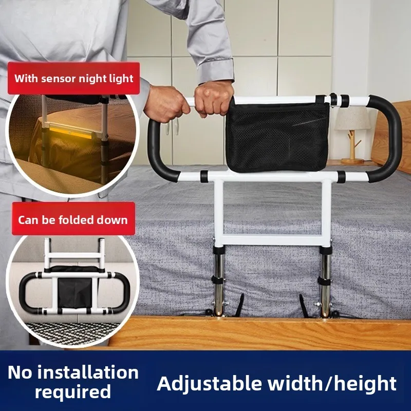 Produtos de assistência para idosos, trilhos de cama de segurança, barra de apoio para adultos, corrimãos de cama com bolso, luz com sensor de movimento, cabe na cama dupla completa