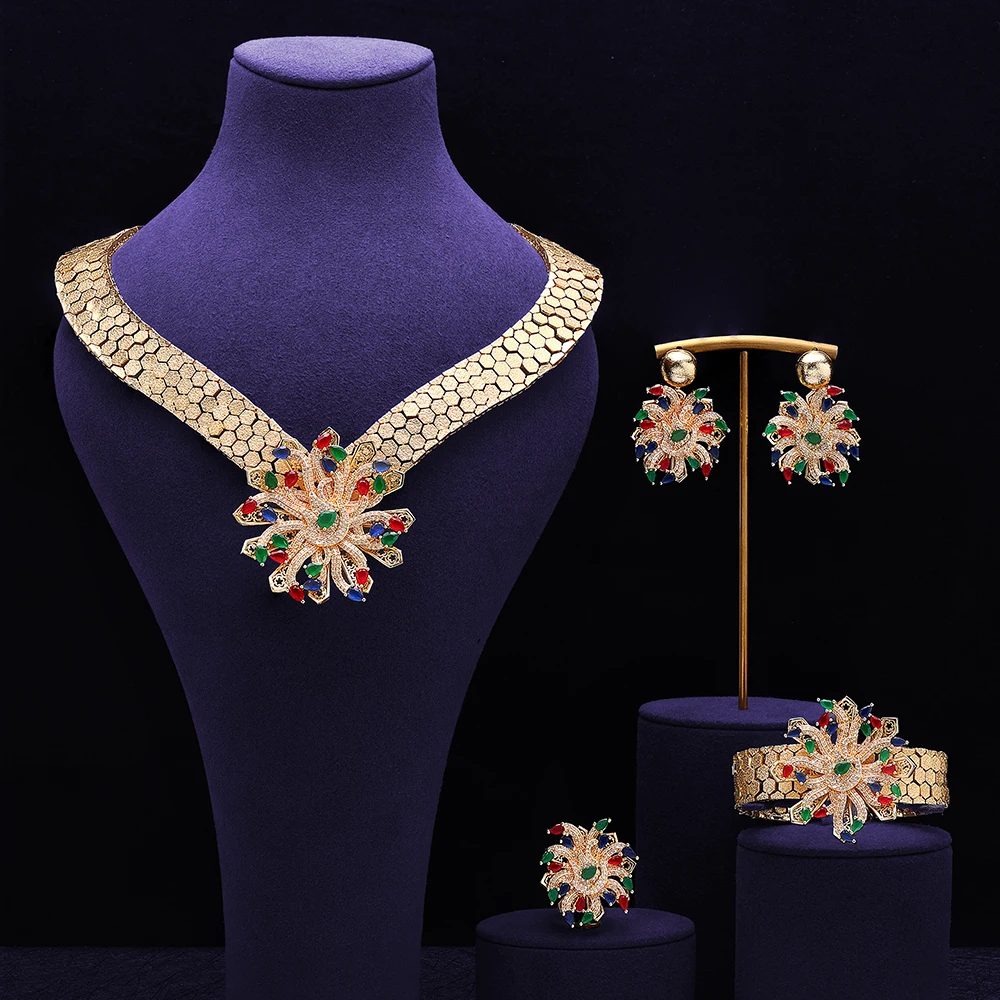 HIBRIDE 2025 New Heartbeat Flower Necklace Earrings Bracelet Women's Dress Light Luxury Jewelry Set Wedding Ball Gift S-1005