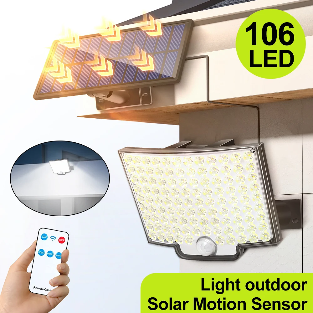 

Nice Outdoor Solar Lights 3 Modes Motion Sensor Floodlight 106LED Solar Wall Lights For Yard Garden Fence Pathway Security Light