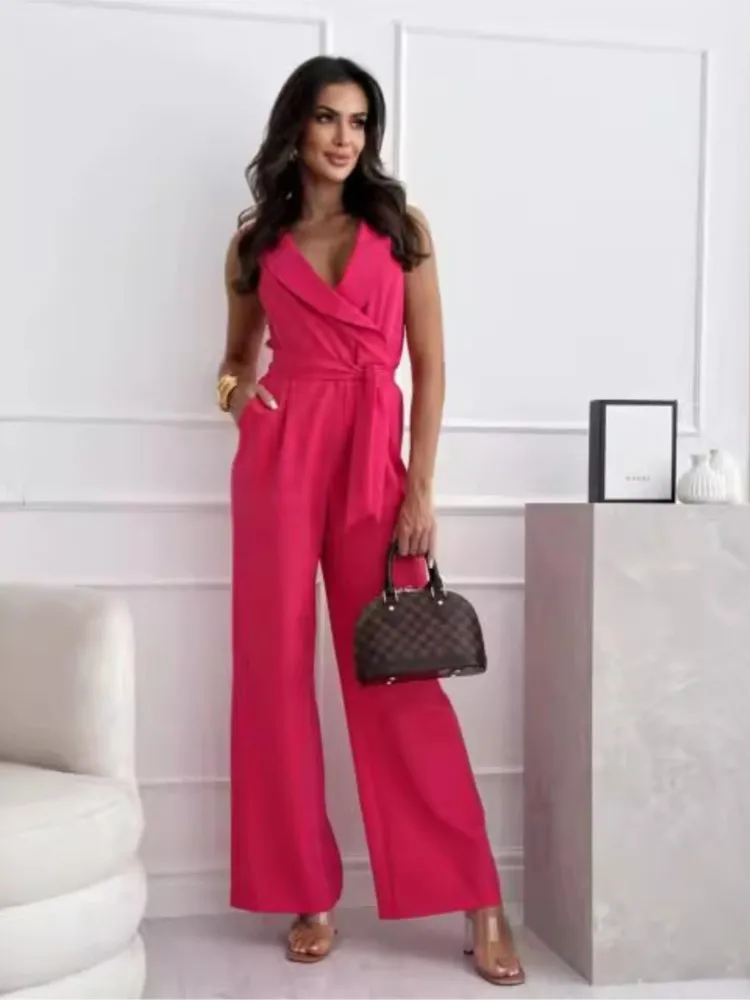 

Summer New Solid Color Sleeveless Jumpsuits Women Temperament Elegant V-neck Leace-up Wide Legs Jumpsuit Lady Commuting Jumpsuit