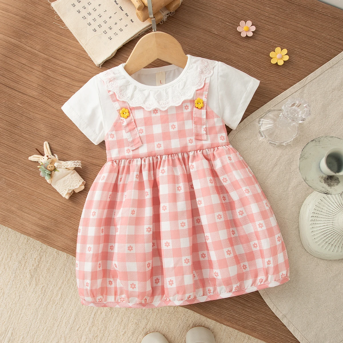 

Summer New Sweet Fake Two Piece Baby Girl Dress, Cute Checkered Small Floral Children'S Clothing (3-18 Months)