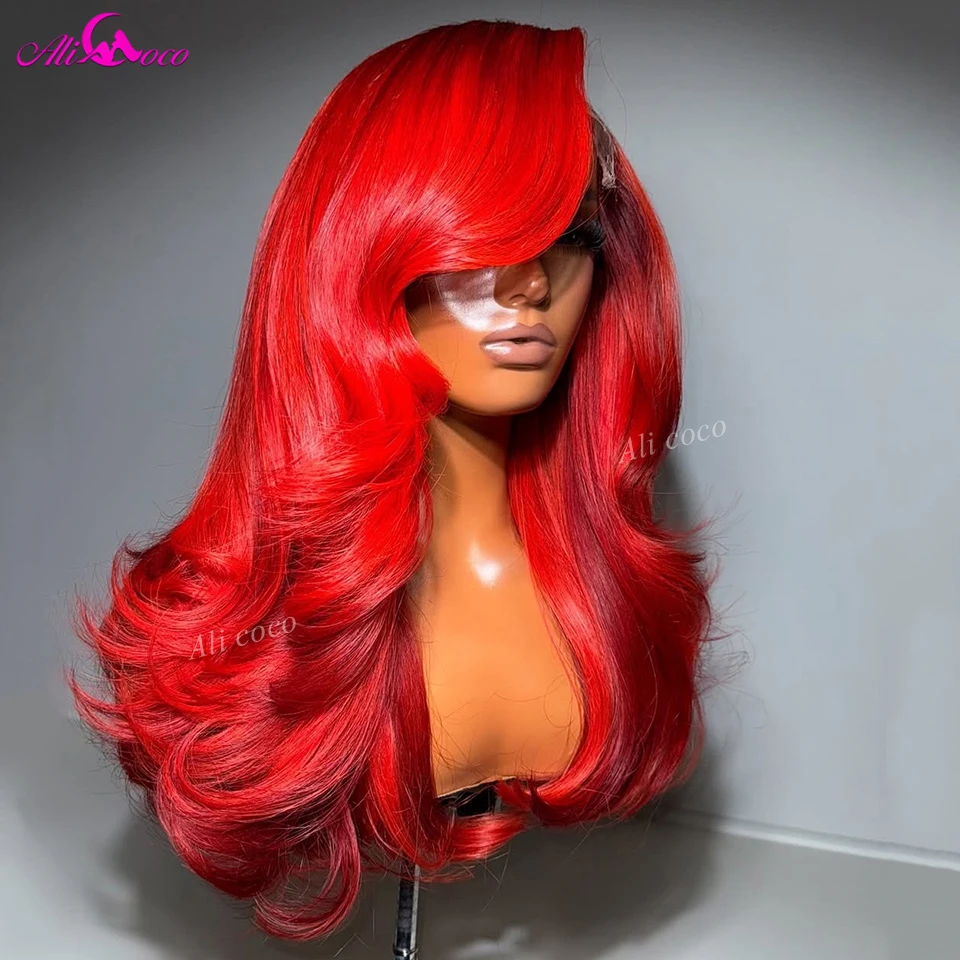 Drawstring Wigs Red with Burgundy 99J Highlights 180 Density Transparent Lace Front Closure Body Wave Glueless Real Human Hair