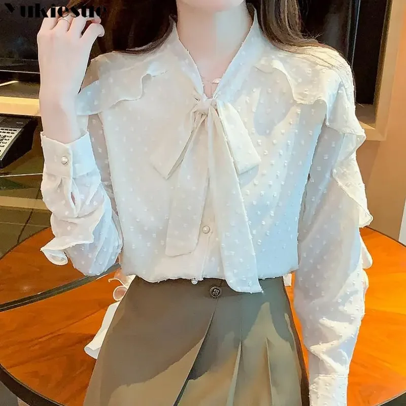 

Women Spring Korean Casual Shirt Lace-Up Bow Ruffles Office Vintage Tops Simple Harajuku Elegant Chiffon Blouses Gentle wind