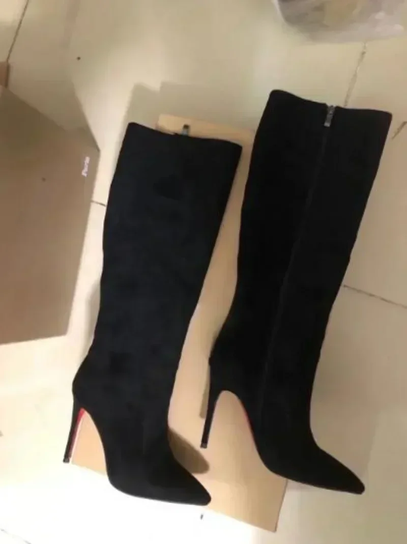 Zapatos de suela roja de cristal para mujer, botas largas de punta estrecha, botines modernos de fiesta, tacones de lujo, alta calidad, moda Sexy, otoño