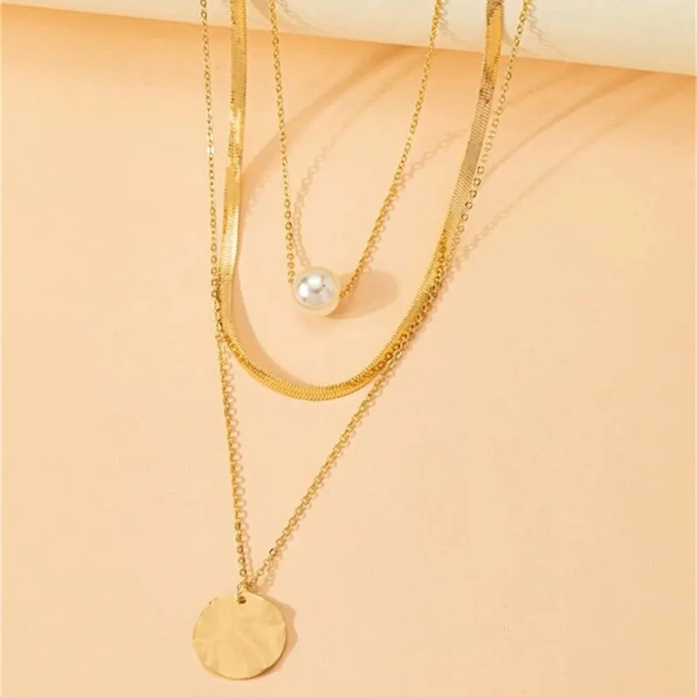 Vintage Fashion Gold Plated Round Sequined Faux Pearl Pendant Necklace For Women Female Multilevel Snake Chain Jewelry Wholesale