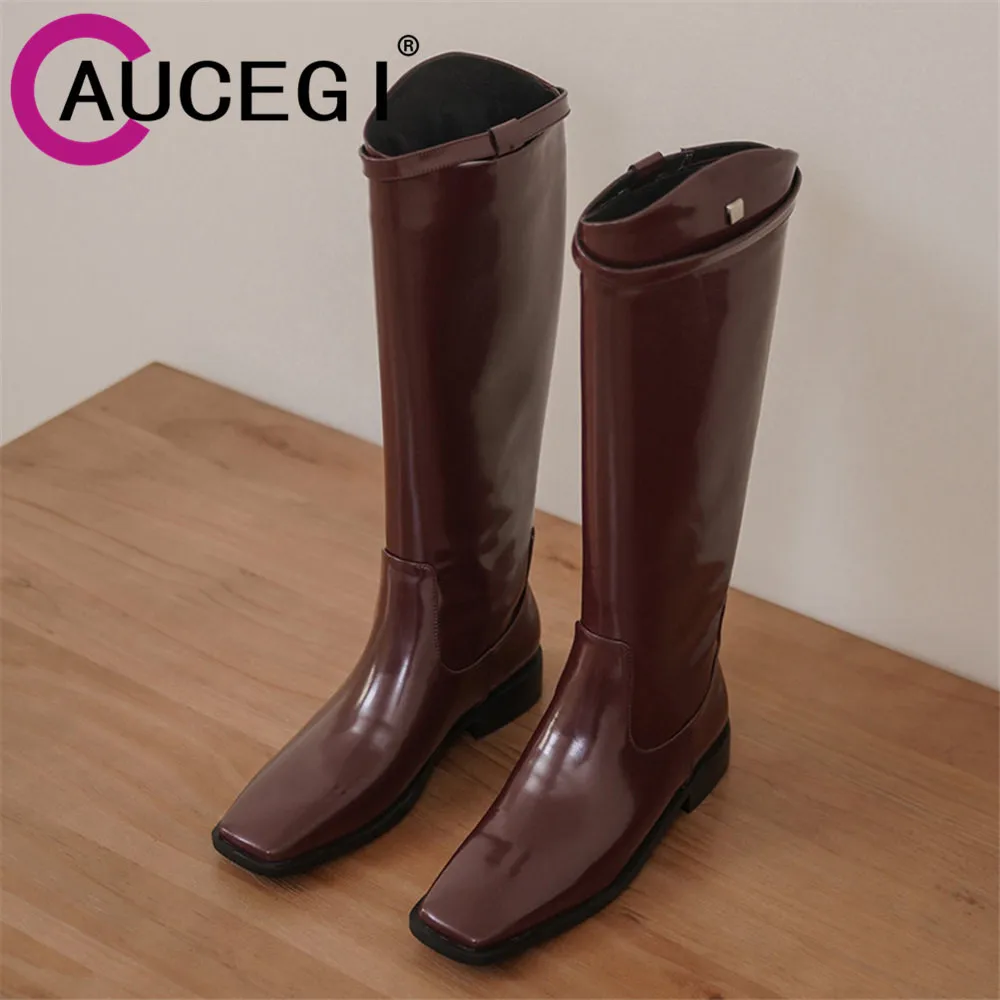 

Aucegi New Arrive Women Thick Low Heels Casual Party Shoes Square Toe Slip On Spring Autumn Knee High Boots Big Size 43 Wine Red