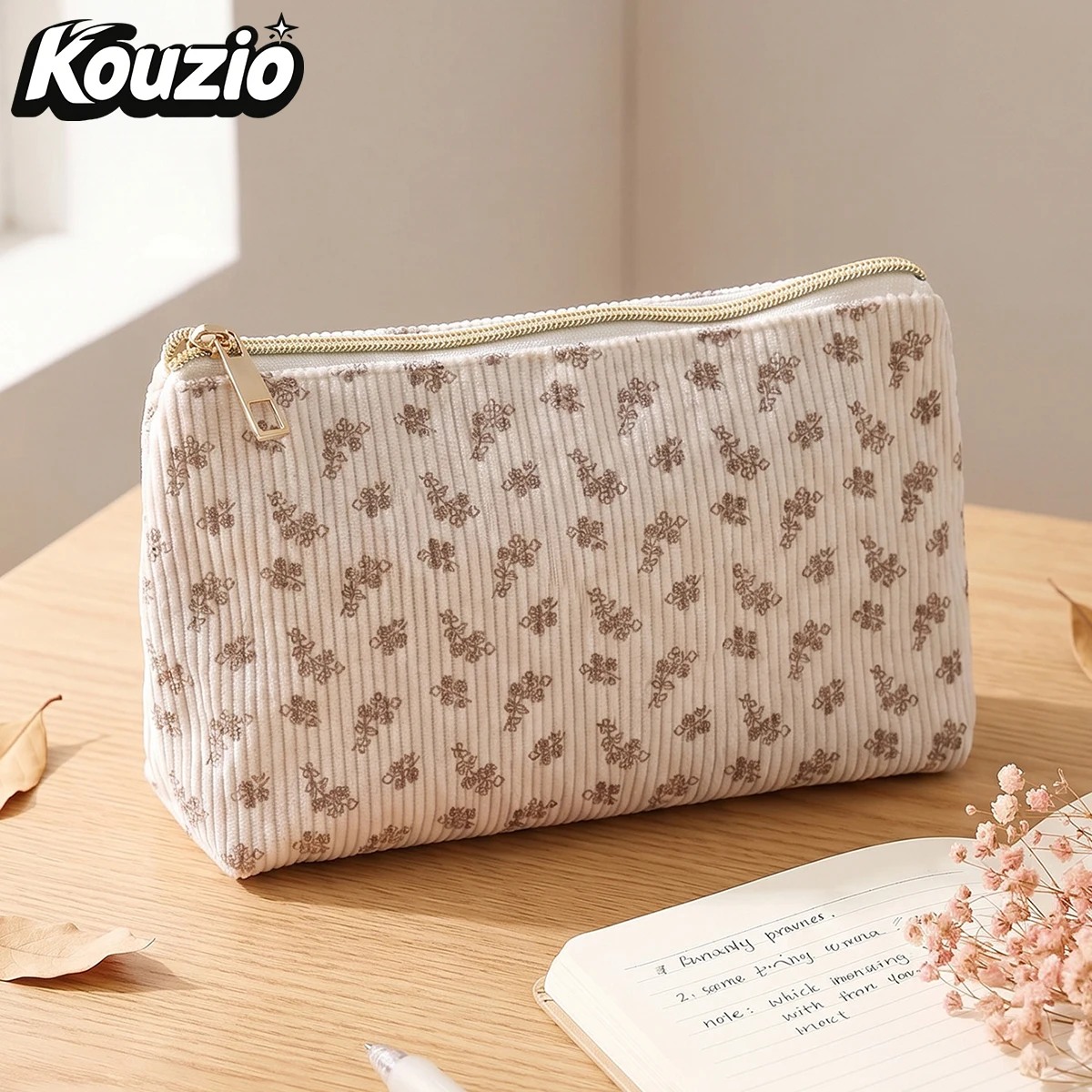 Floral Print Corduroy Triangle Pencil Case, Golden Zipper Large Capacity Stationery Organizer, Pen Storage Bag, Back to School