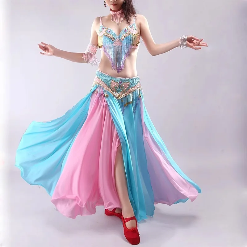 Costumi di danza del ventre personalizzati Set 2025 Nuovo vestito da spettacolo teatrale Reggiseno sexy Taglia grande D-E Cup Dancewear esotico