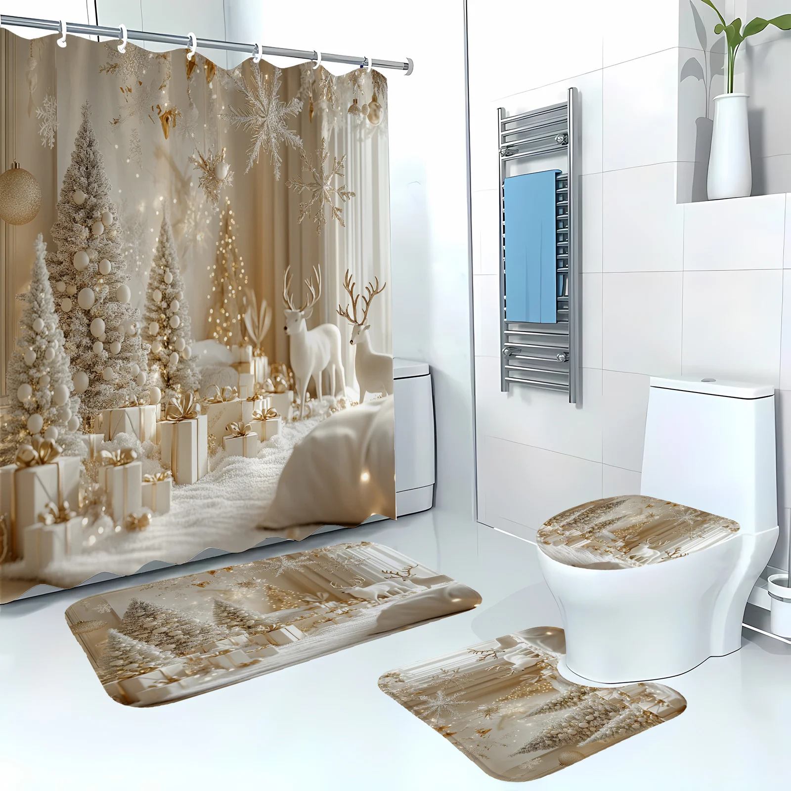 

4Pcs Christmas Deer Shower Set, Non-Slip Bath Mat, Xmas Bathroom Decor, Includes U-Shaped Pad, Toilet Cover, 12 Hooks