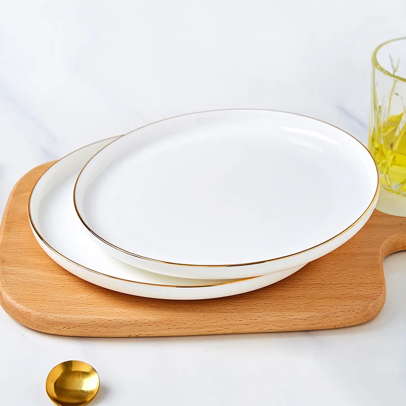 

Jingdezhen European Sle Creative Bone China Gold Rimmed round Steak Plate Dinnerware Di Flat Bot Slow Plate