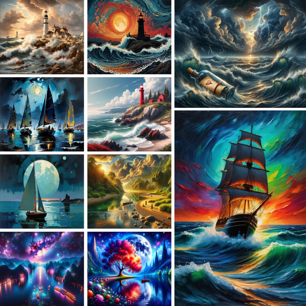 Landscape Ship Lighthouse Cross Stitch DIY Embroidery Full Kit Craft Handmade Handiwork Painting Promotions Mulina Different