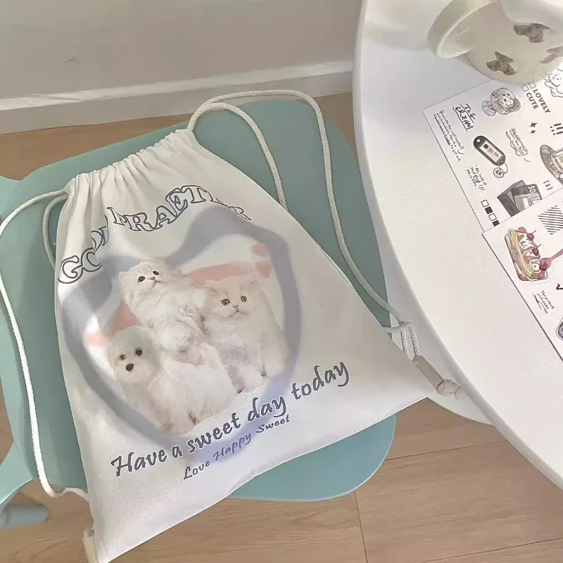 Nowy nadruk w kształcie serca plecak Kawaii słodki kociak kreskówka Ins słodkie dziewczyny ze sznurkiem tornister uczniowie Y2k estetyczne damskie