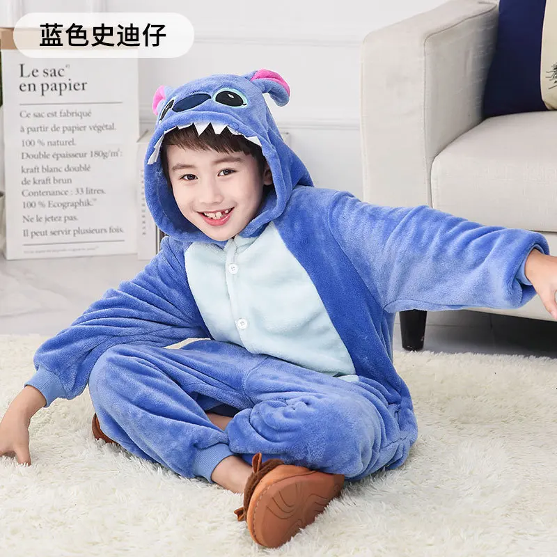 Disney Cartoon Stitch Plush Flannel Pajamas Baby Boy One-Piece Suit Cothes Set Long-Sleeved Winter Soft Warm Home Clothes Casual