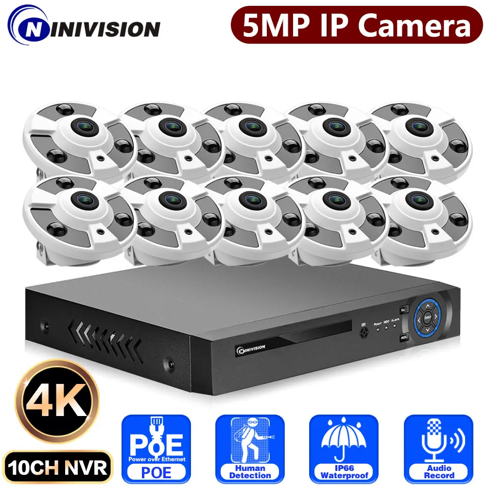 4K 10CH NVR POE Fisheye 5MP I PCamera CCTV Security System Home 360Panoramic Monitoring Camera System Video Surveillance 8CH Kit