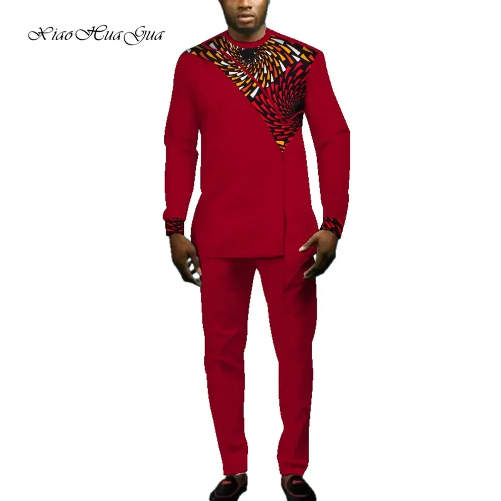 Mens African Outfits Set African Print Autumn Round Neck Long Sleeve Dashiki T-shirt+Trousers Casual Two Piece Suit Men WYN693