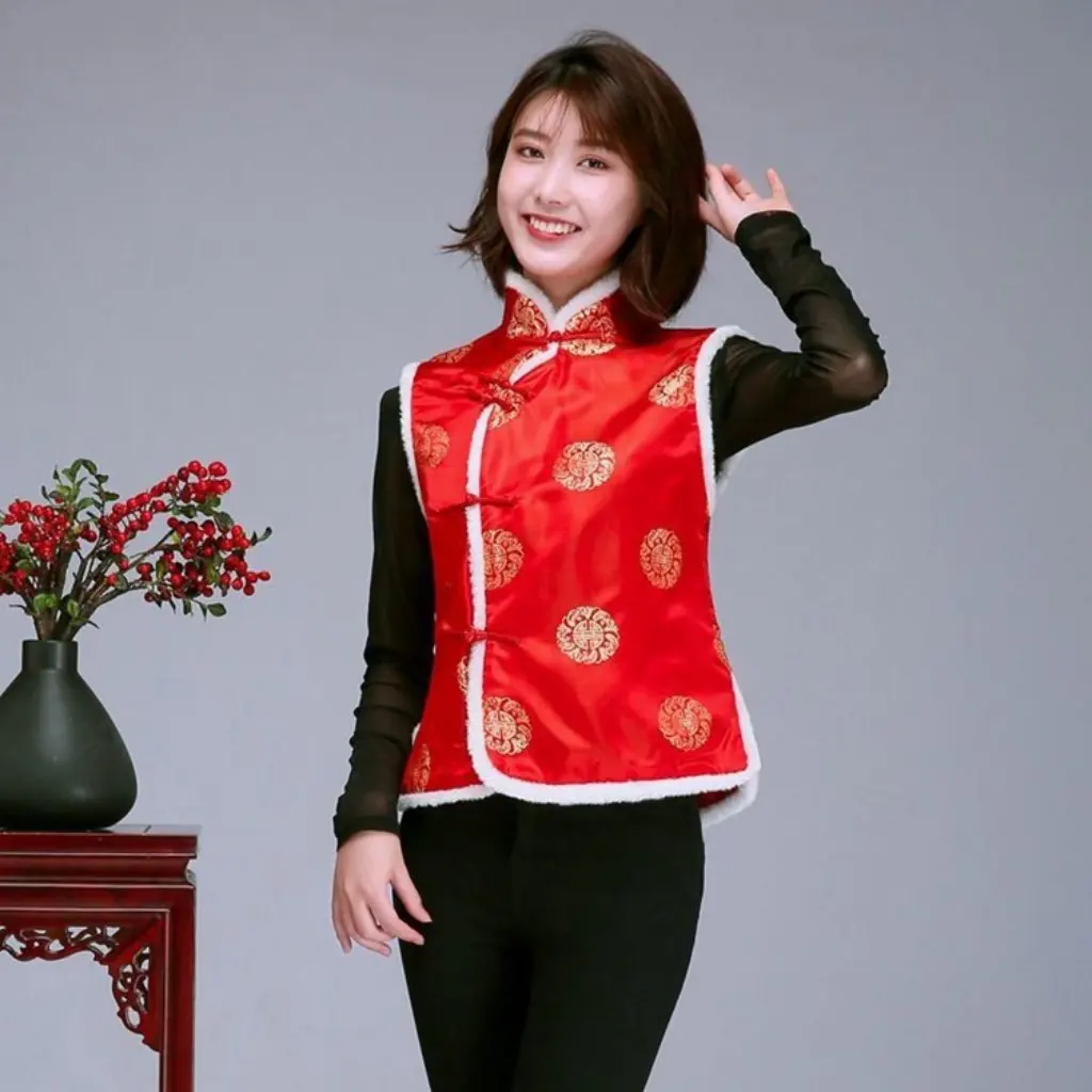 

Women's Tang Suit Waistcoat Wholesale Brocade Warm Cotton Vest with Stand Collar for Winter New Year Festive Dress