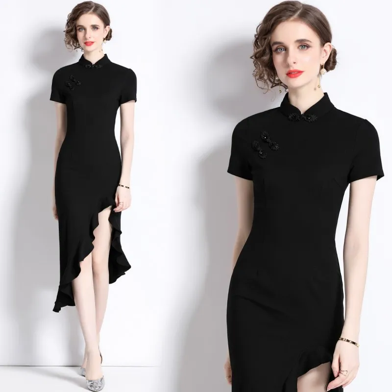 

Black New Chinese Style Temperament Dress New Summer Women'S Design Sense Ruffle Edge Split Irregular Fishtail Qipao Retro Dress