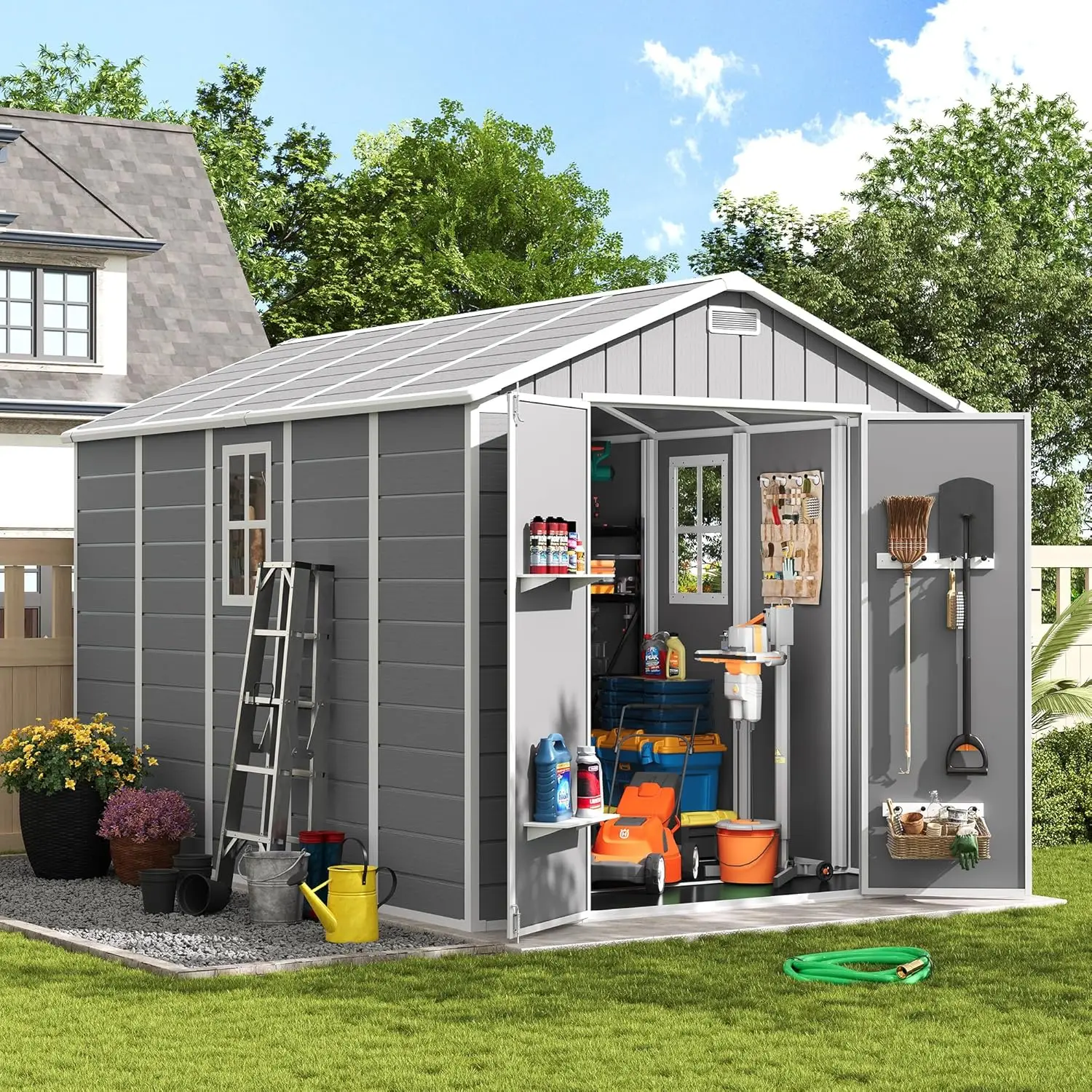 

Outdoor Storage Shed with Floor, 8x10 FT Lockable Plastic Tool Shed with Ventilation, Waterproof Resin Garden Sheds, Customized