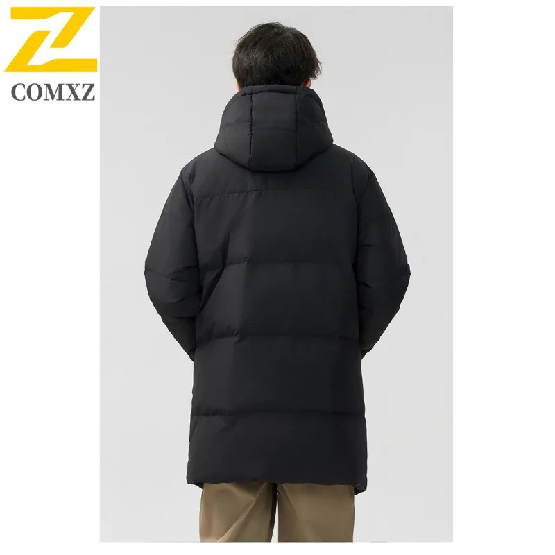 COMXZ Urban Hiking 2025 Mens Down Jacket Premium Hooded Travel Comfortable Parka Fashion Outdoor Cold Resistant Winter Coats
