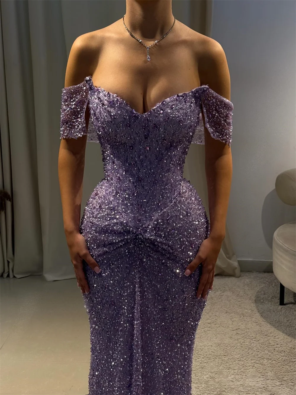 Cathy Customized Purple Luxury Rhinestones Mermaid Prom Dress Off The Shoulder vestidos de noiva Floor-length Formal Evening image 4