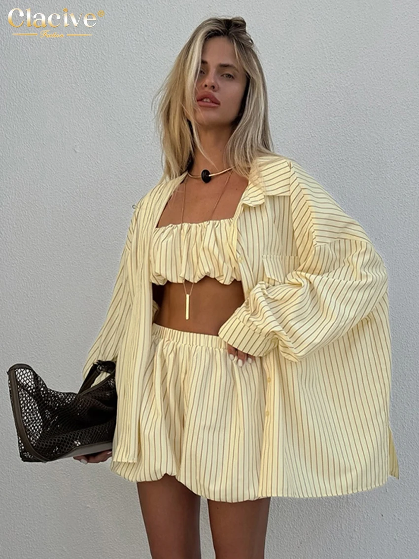 Clacive Fashion Loose Stripe Print 2 Piece Set Women 2025 Elegant Long Sleeve Shirt + Tube Top With High Waist Shorts Set Female