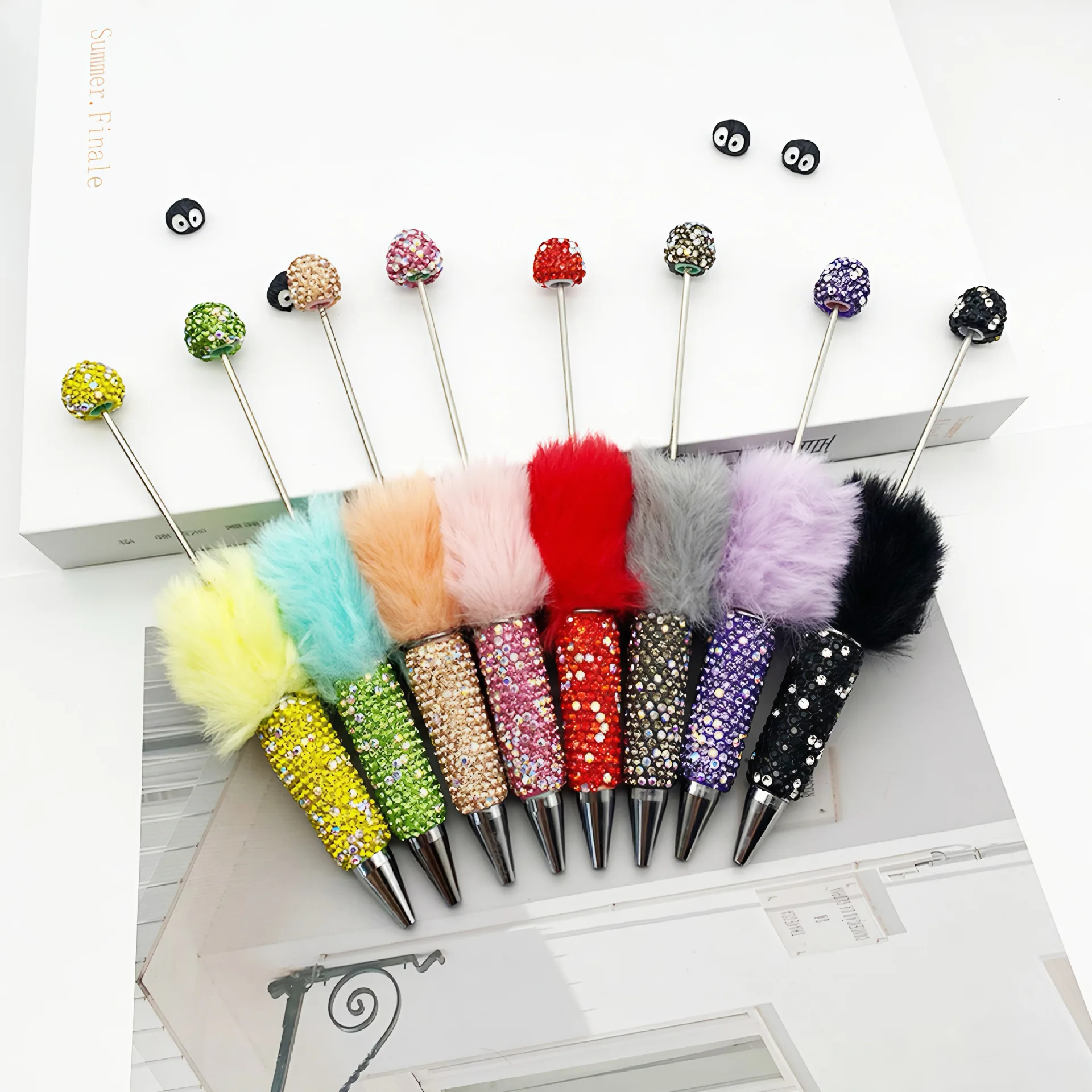 50pcs Beauty Diamond Bead Pen Mixed Diamond Plush Beaded Ball Pen for Writing Pens for Kids Korean Stationery Office Supplies