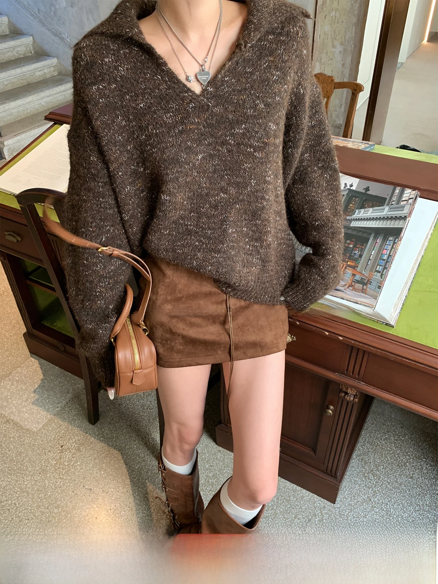 

Теплый вязаный свитер GV Big Brother Autumn Lazy с круглым вырезом, длинными рукавами, разноцветным воротником, свободного кроя, для повседневной носки