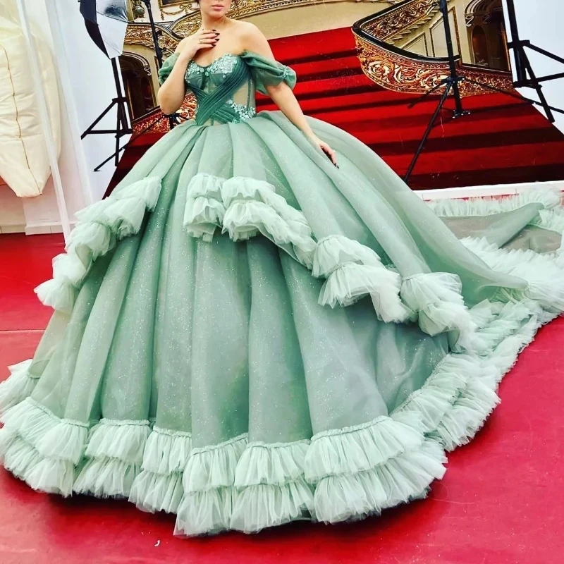 

Mint Green Quinceanera Dresses Ball Gown Off The Shoulder Applique Tulle Tiered Beaded Puffy Mexican Sweet 16 Dresses 15 Anos